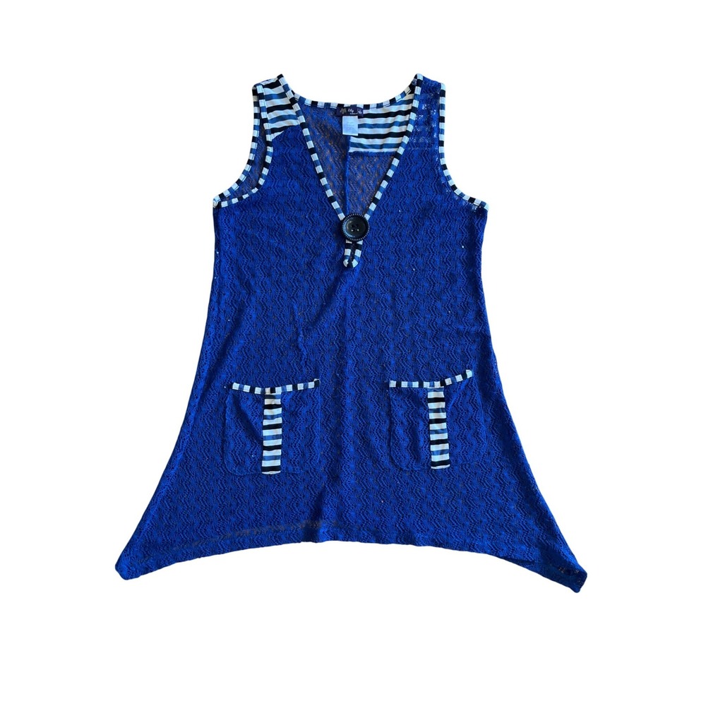 Lagenlook Boho Sailor Lily by Firmiana Blue Crochet Lace Tunic Tank Striped Sz L